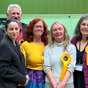 LIB DEMS: Councillors John Rudge, Jessie Jagger, Karen Lawrance, Mel Allcott and Sarah Murray after the election count earlier this month