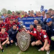 City's players pose with the trophy after their 4-1 victory over Pershore Town - picture Roger King