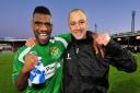 Worcester City striker Daniel Nti and joint-manager Carl Heeley.