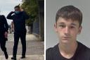 PEST: Kyle Cannaway pictured left outside Worcester Crown Court. Right is his custody photo supplied by West Mercia Police