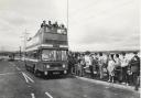 Everybody on the bus. Councillor Ron Carrington (centre top deck) and others take the first vehicle along Worcester’s Southern Link road in April 1985
