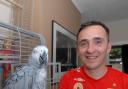 England supporter Fran Sheridan with his African Grey parrot Slipmatt who can sing the theme tune from The Great Escape. He can also say England! and Come on Rooney! Picture by Nick Toogood 2514626104.