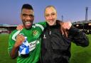 Worcester City striker Daniel Nti and joint-manager Carl Heeley.