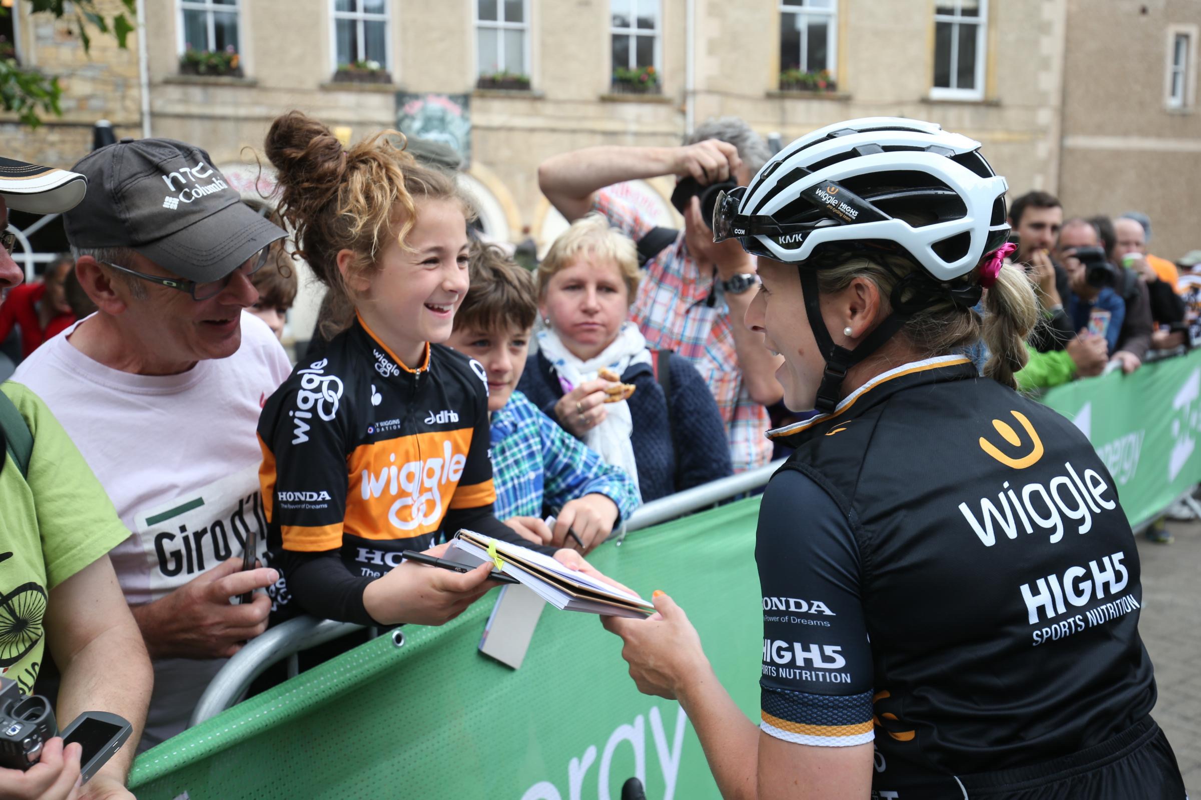 AUTOGRAPH: One excited youngster gets up close before Stage 4 of the 2018 OVO Energy Womens Tour left from Evesham on its way to Worcester