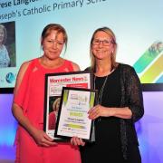 Ann Jordan from Worcester University (Right) presents Therese Langford with her award at the Worcester News Worcestershire Education Awards 2019, held at the University of Worcester Arena. Pic Jonathan Barry 20.6.19.