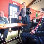 MEETING: The Liberal Democrat shadow minister for the West Midlands region John Hemming, centre, with parliamentary candidate Richard Burt, right, at the Bell Inn.