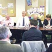 LET’S TALK: From left, would-be MPs Michael Foster, Louis Stephen, Peter Nielsen, Andrew Christian-Brookes, Jack Bennett (partially hidden), Robin Walker and Andrew Robinson with Worcester Trades Union Council chairman Steve Martin at the hustings