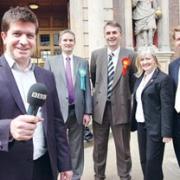 TALKING HEADS: BBC Hereford and Worcester presenter Nathan Turvey, left, with local politicians Louis Stephen, Mike Foster, Jackie Alderson and Robin Walker, who took part in a radio debate.