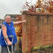 ACTION: Nick Cook points to where the sign should go, telling people his bungalow is behind the wall