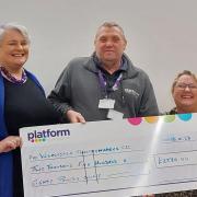Platform’s Community Engagement Officer, Paul Edwards (centre) is pictured with Bev Bevan (left) and Beth Walsh (right) from the Worcester TheatreMakers, receiving the £2,580 Community Chest Fund cheque.