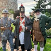 SHOW: Worcestershire Re-enactors Richard Delingpole, Anthony Metcalf, and Brian Bullock at the iconic Pepperpot in Upton upon Severn, all enthusiastic backers of the Worcestershire Living History Show