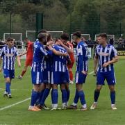 Worcester City players celebrate Connor Gater’s opener