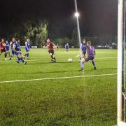 Worcester City's Liam Lockett scores his 14th goal of the season during Worcester City's 5-1 win at Hereford Lads Club