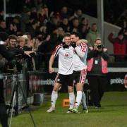 Goal scorers Alex Babos and Jason Cowley celebrate during Hereford’s 3-1 victory over Scarborough Athletic