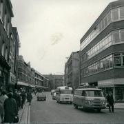 The High Street looking towards Worcester Cathedral from beside Copenhagen Street in 1973