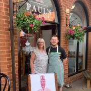 Paul's of Pershore opens, Paul Boatright-Greene (owner, right), Elaine Butler (staff, left)