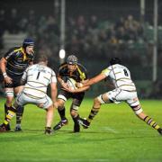 ATTEMPTED BREAK: James Percival, watched by Worcester Warriors team-mate Chris Jones, looks to burrow between Wasps’ Tim Payne and John Hart during Friday night’s home defeat at Sixways.