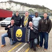 BON VOYAGE: (l-r) Worcester fans John Chaffe, Brian Ryan, Chim Gale, Tom Ryder, Simon Lane and Guy Marson make a brief stop during their trip to Paris for Saturday’s Amlin Challenge Cup clash against Stade Francais.