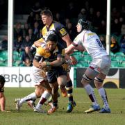 Centre Ravai Fatiaki joined the scrum for a set-piece against Plymouth Albion.