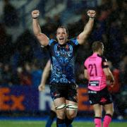 Exeter's Kai Horstmann celebrates their victory at the final whistle of the Heineken Cup, Pool Two match at Cardiff Arms Park, Cardiff. PRESS ASSOCIATION Photo. Picture date: Saturday January 18, 2014. See PA story RUGBYU Cardiff. Photo credit should