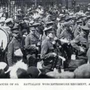 A ceremony for the depositing the Colours of the 8th Battalion of the Worcestershire Regiment at the Shirehall, Worcester in August 1914.