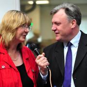 SING ALONG: Ed Balls holding the microphone to Labour Councillor Joy Squires, the deputy leader of Worcester City Council.