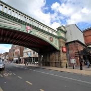 Exterior of Foregate Street Railway Station and Foregate Street Bridge.