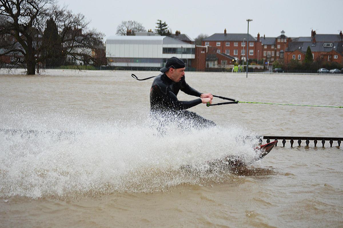 Water skiing on Pitchcroft during the flooding