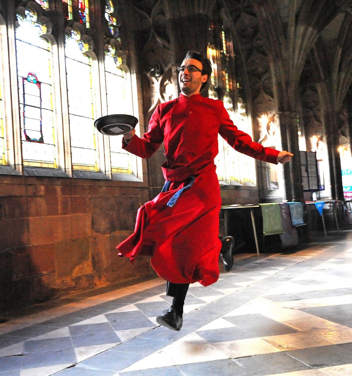 Worcester Cathedral Choir Annual Pancake Races around the Cathedral Cloisters on Tuesday