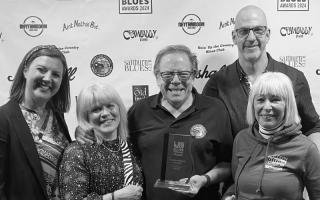 The Upton Blues Festival racked up an award at the UK Blues Awards 2024 [L to R Shell Perris, Claire Bunn, Grahame Bunn, Steve Steinhaus and Ruth Etheridge]