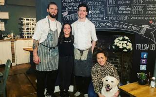 Matthew Sanderson (left) and Kate Page (right), with former staff Anita Glass and Tom Harris at the restaurant