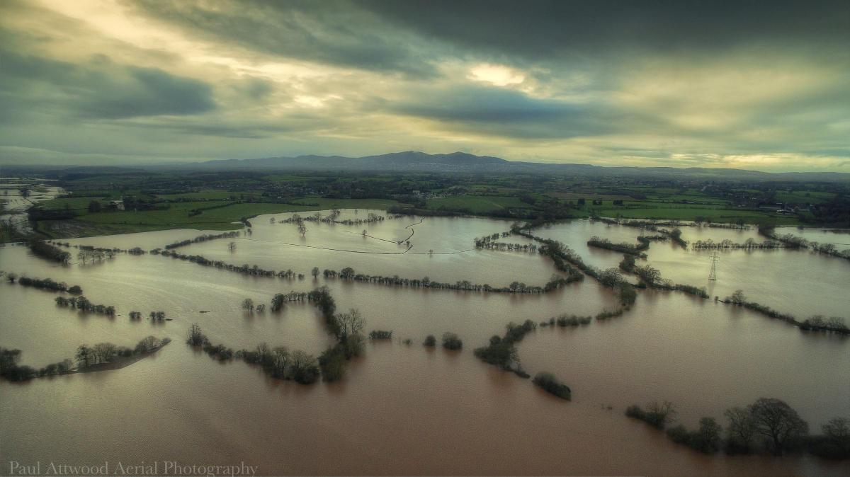 The Malvern Hills with flooded fields in the foreground. Picture by Paul Attwood Aerial Photography paapitd@outlook.com