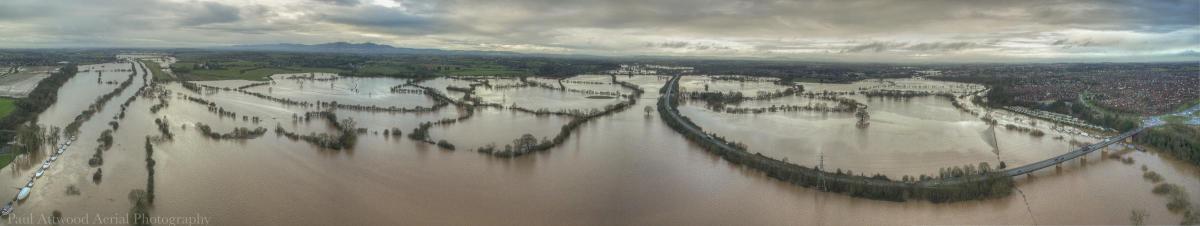 A panoramic view of flooding at Carrington Bridge, Worcester.  Picture by Paul Attwood Aerial Photography paapitd@outlook.com