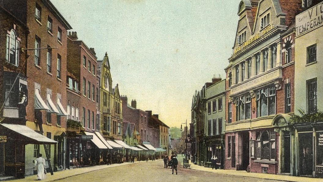Vanished Worcester. A colour-tinted picture postcard view looking down Sidbury, Worcester, exactly a century ago