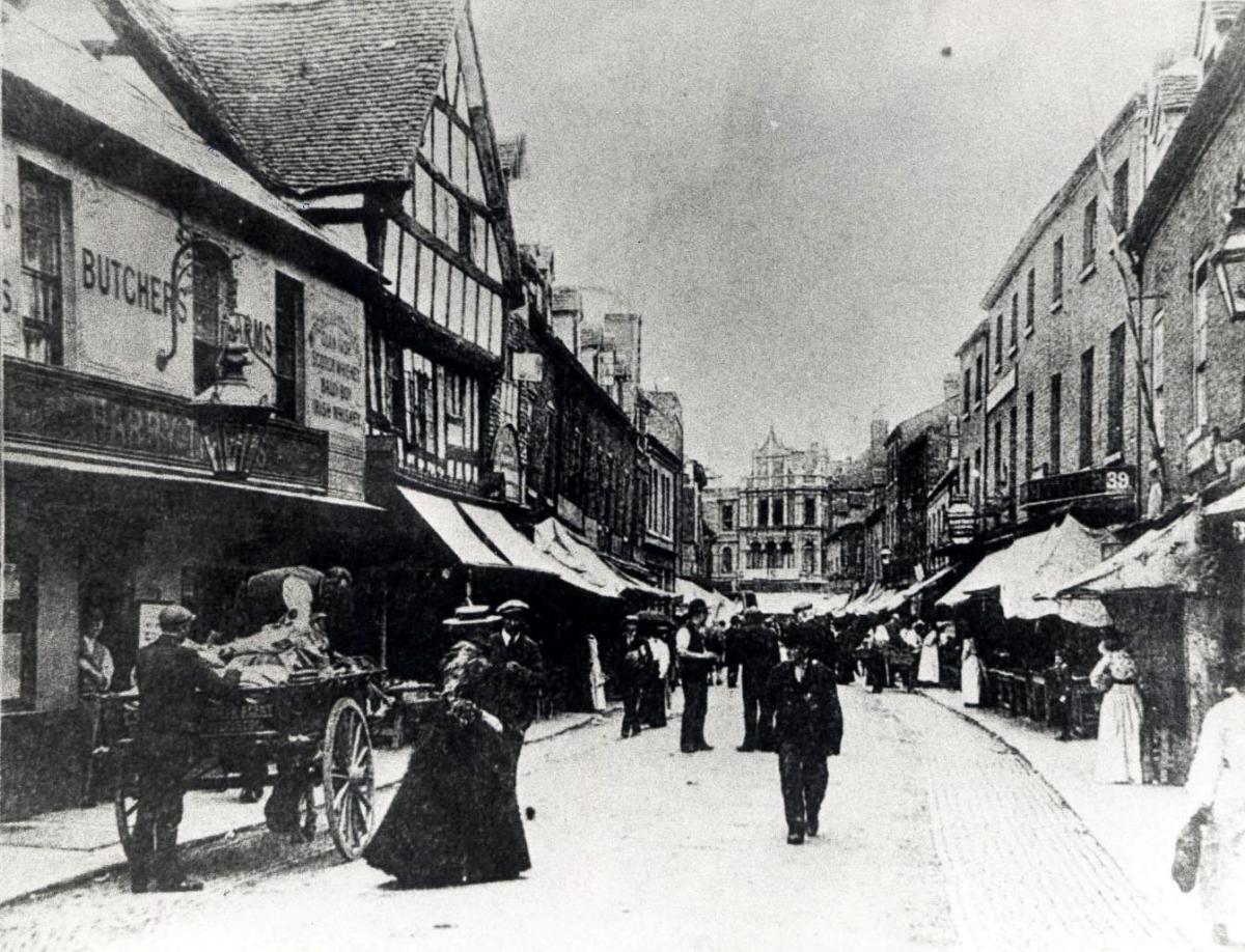 Vanished Worcester. A bustling Shambles, Worcester, in the 1890s. Note the appropriately named Butchers Arms on the left and the impressive half-timbered black-and-white property next door.