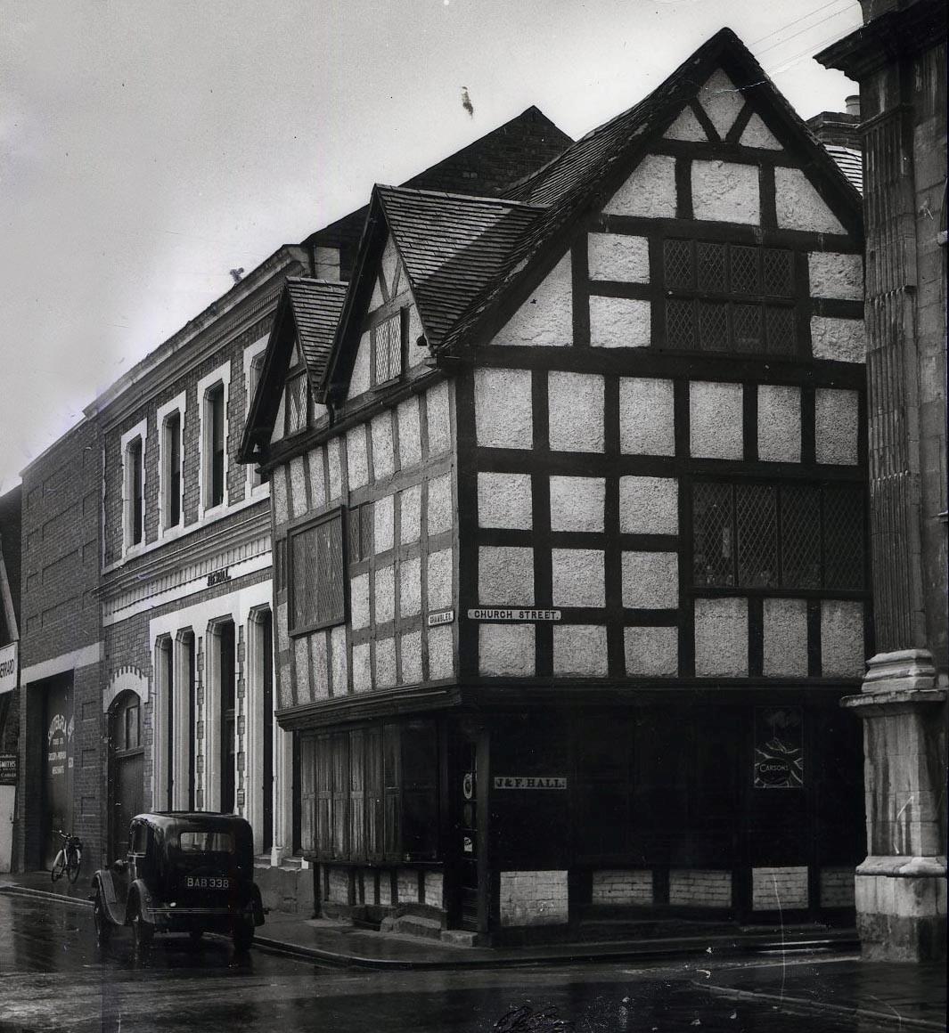 Vanished Worcester. A  view from the 1950s of the imposing half-timbered cornerstone shop of ironmongers J and F Hall in the Shambles. Its loss was much lamented after its 1960s demolition