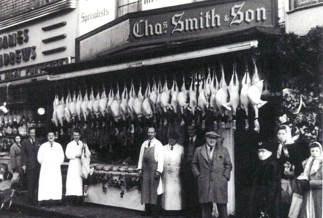 Vanished Worcester. Presumably this was a pre-Christmas poultry display outside the former Shambles shop of popular butchers Chas. Smith and Son. Note the butchers shop of James Andrews next door. It appears to be a photograph from the 1940s or 1950s.