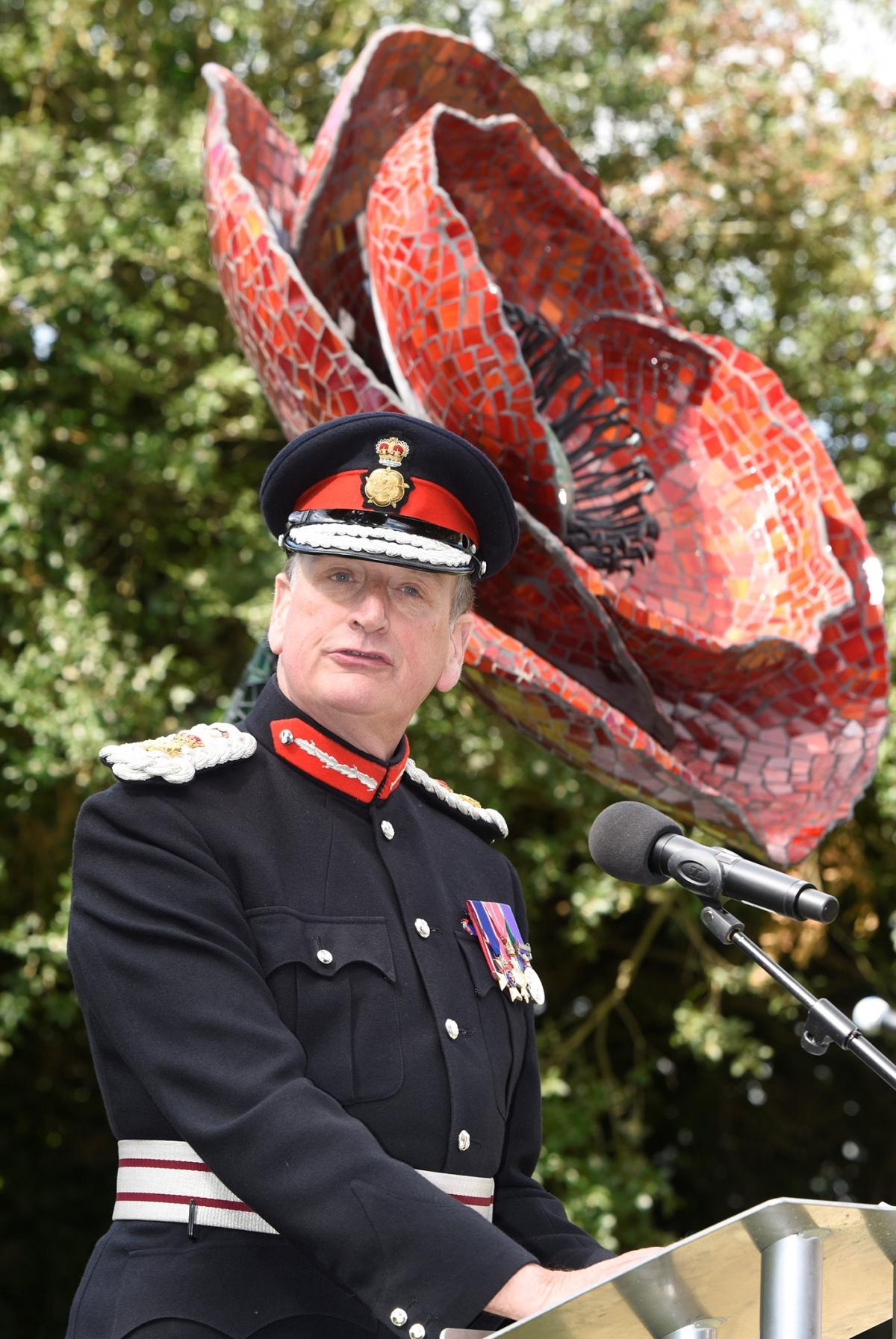 MEMORIAL SERVICE: The High Sheriff Sir Nicholas Lechmere Bt delivers a speech at the unveiling of a commemorative poppy sculpture to honour the Worcestershire Yeomanry who fell in the battles of Oghratina and Qatia during World War One (Picture by David G