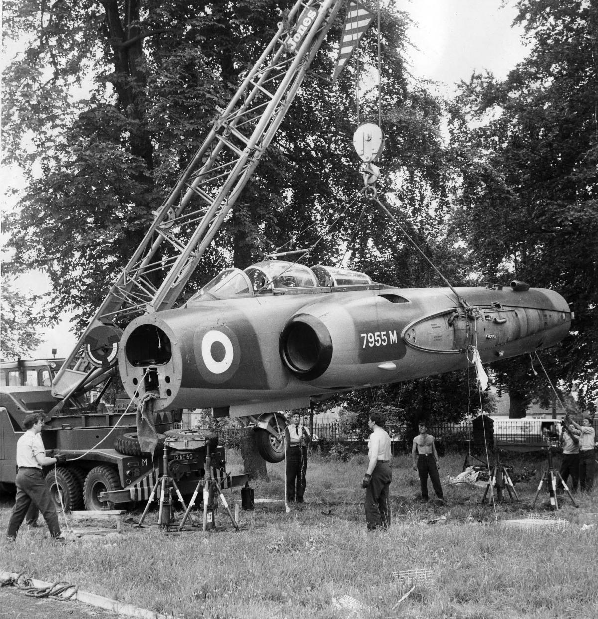 CHOCS Away…..In August 1987, RAF officers and cadets bid a fond farewell to a fighter aircraft which stood guard in the city for more than 20 years. The Gloster Javelin at Perdiswell was moved to a new home in a Surrey museum after being sold for an und