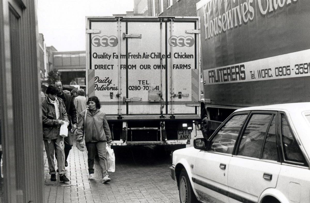 TRAFFIC chaos in The Shambles, Worcester in 1988 as motorists continue to flout the new pedestrian zone. The City Council had spent £100,000 paving over the busy shopping street but there were delays getting the necessary traffic regulations in place aft