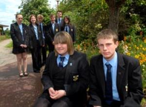Bishop Perowne High School pupils, head girl Bethan Jones, front, with head boy James Hodgkins, both aged 15. Back row, from left, Sophia Haywood, Abigail Robbins, Alasdair Wood, Joe Thorpe, Chris Collins and Vikki Muston.