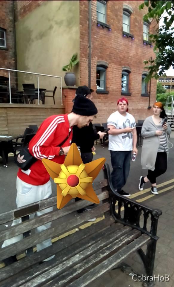 A Staryu rests on a bench in South Quay, Worcester