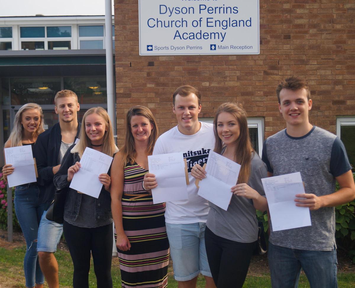 Students from Dyson Perrins CE Academy pick up their results