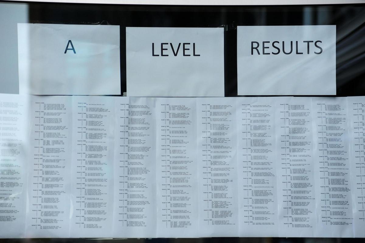 A-level results board at Worcester Sixth Form College