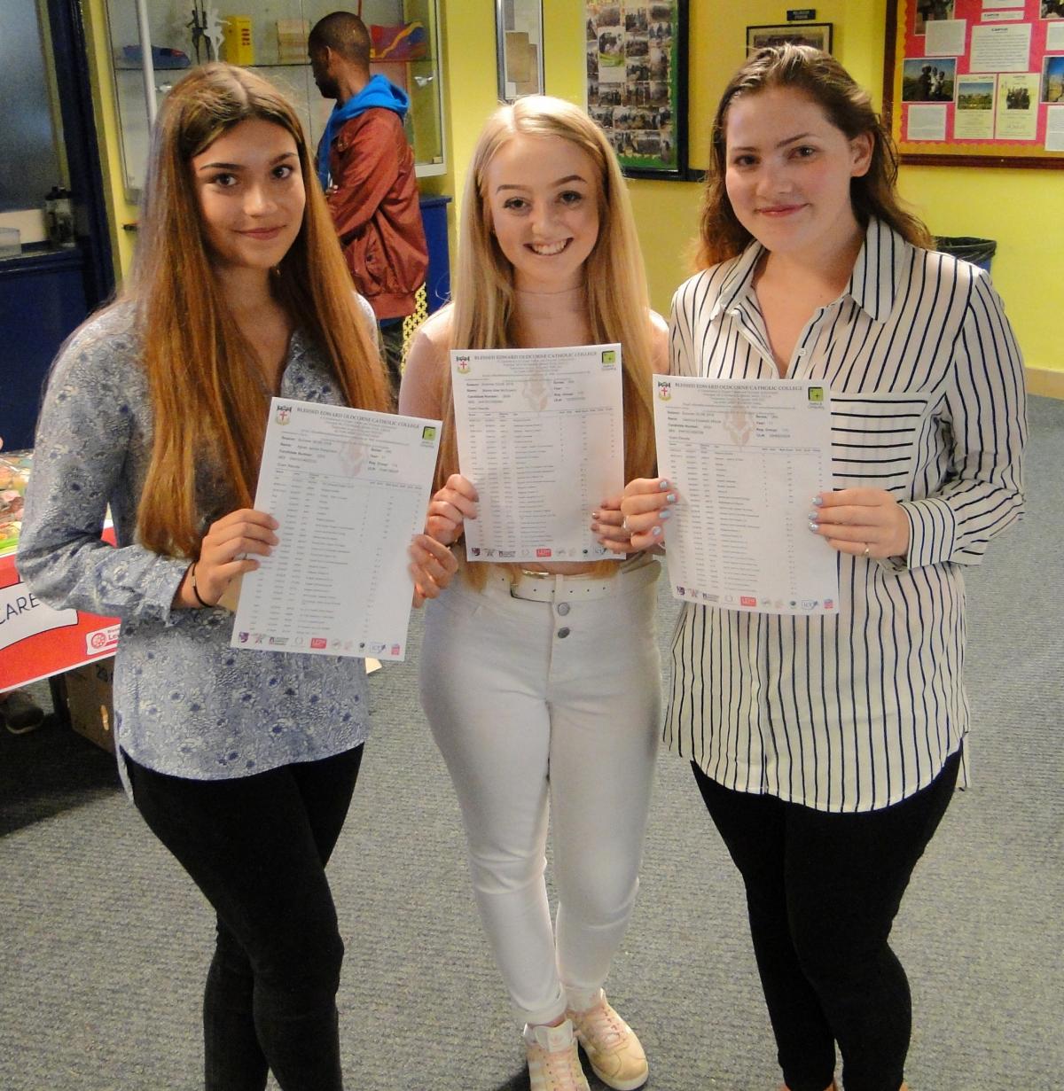 BLESSED EDWARDS: Agnes Dangreaux, Maisie McGovern and Gemma Moore collect their GCSE results. Picture by Blessed Edward Oldcorne Catholic College.