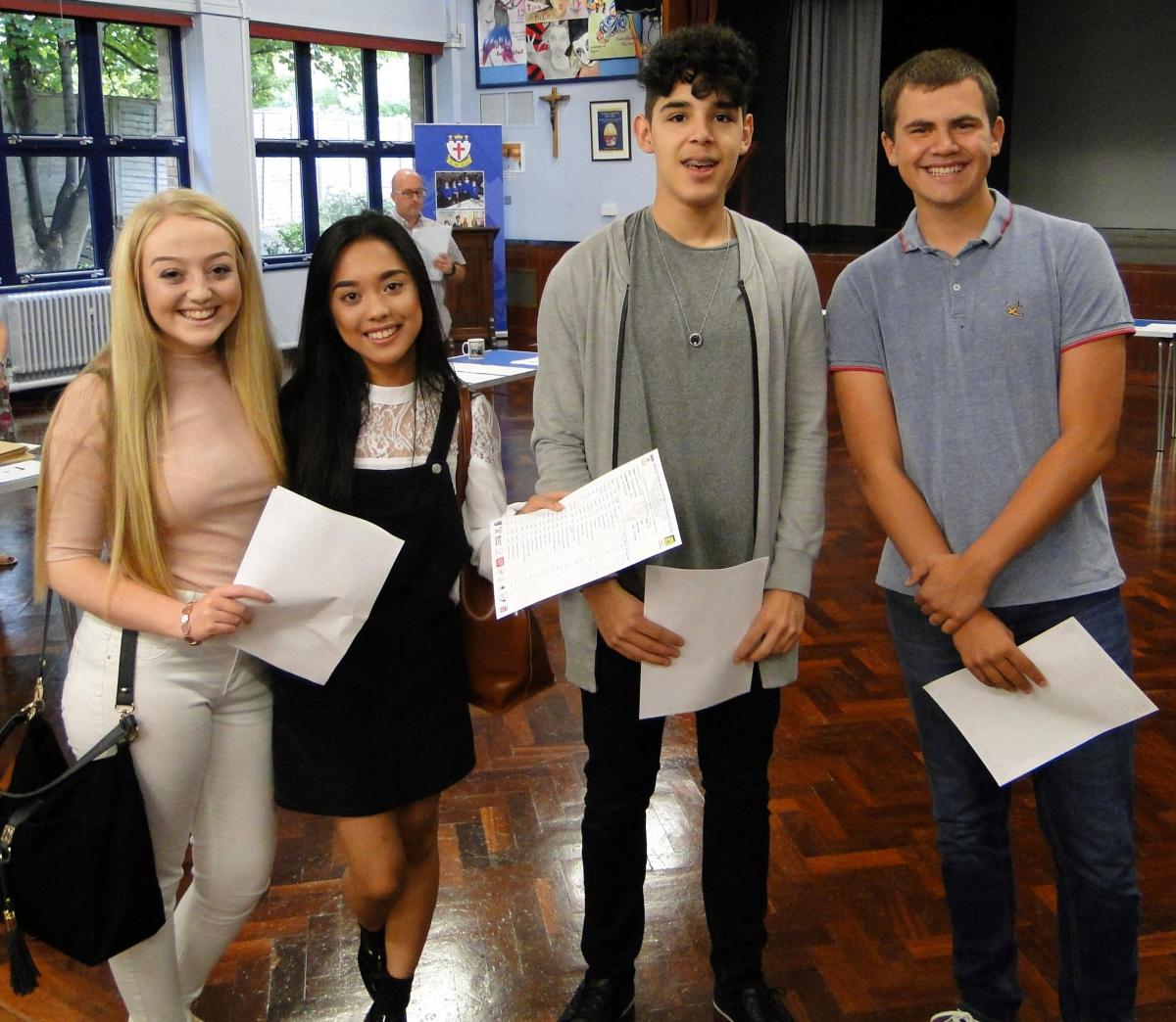 BLESSED EDWARDS: Smiles all round from Maisie McGovern, Elaiza Crossley, Ivan Correia, Thomas Hall as they collect their GCSE results. Picture by Blessed Edwards Oldcorne Catholic College.