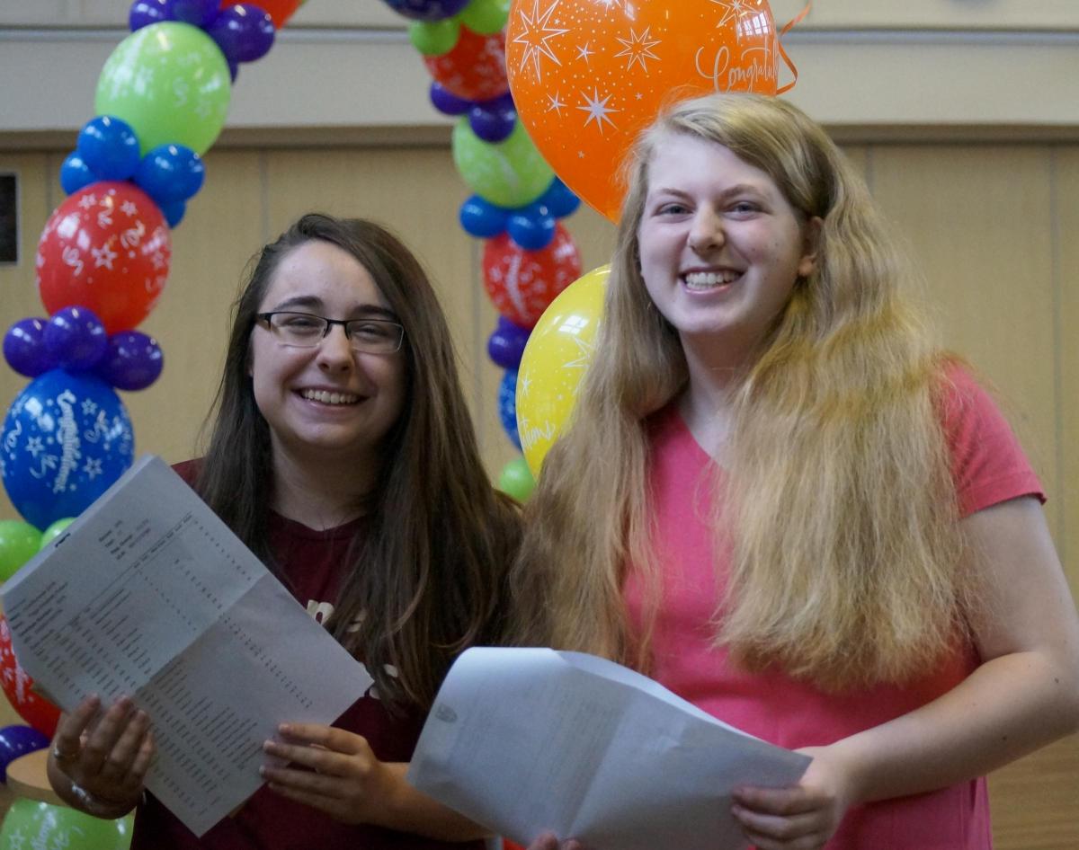 DYSON PERRINS: Paige Pollard and Frances Green, celebrate achieving a combined 12 A* and nine A grades. Picture by Dyson Perrins.