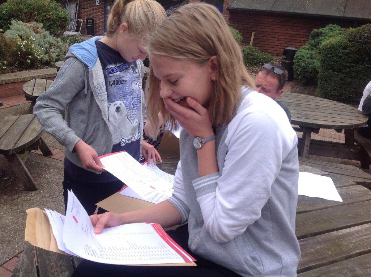 HANLEY CASTLE: A look of relief and sheer delight as Emily Gilchrist, top performer with 10 A*s and one A, opens her results. Picture by Hanley Castle High School.