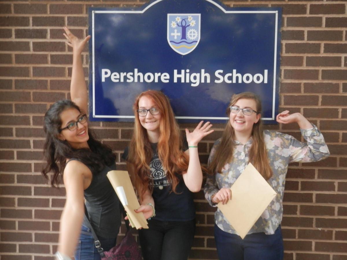 PERSHORE HIGH: Maya de Silva-Morgan, Alix Freckelton and Bethany Ireland celebrate a great set of GCSE results. Picture by Pershore High School.