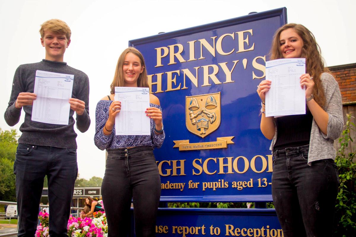 PRINCE HENRY'S: Adam Haycock, Lucy Smith and Harriet Gilks smile with their results. Picture by Prince Henry's High School.